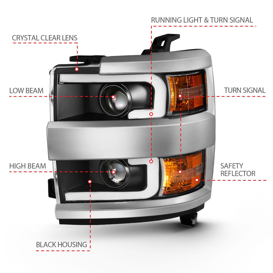 CHEVY SILVERADO 2500HD/3500HD 15-19 PROJECTOR PLANK STYLE HEADLIGHTS BLACK(CHROME TRIM)(HALOGEN MODELS ONLY)