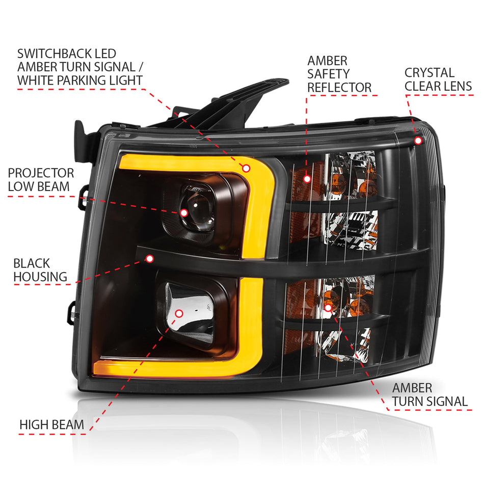 CHEVY SILVERADO 1500 07-13 / 2500HD/3500HD 07-14 PROJECTOR PLANK SWITCHBACK HEADLIGHTS BLACK