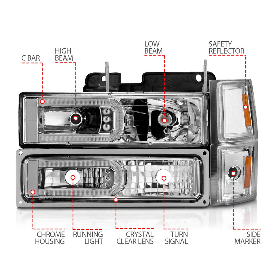 CHEVY C/K1500/2500 94-98 / C/K 3500 94-00 / SUBURBAN 94-99 / TAHOE 95-99 / BLAZER (FULL SIZE) 94 CRYSTAL C BAR STYLE HEADLIGHTS W/ SIGNAL & SIDE MARKERS (8PCS) SET CHROME (BULBS NOT INLCUDED)