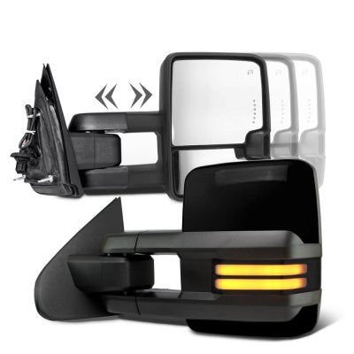 Chevy Silverado 2007-2013 Glossy Black Towing Mirrors Smoked LED DRL Power Heated