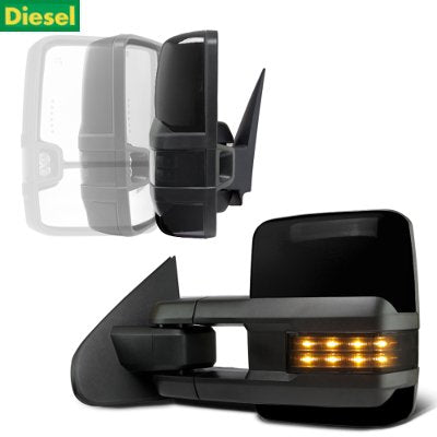 Chevy Silverado 3500HD Diesel 2015-2019 Glossy Black Power Folding Towing Mirrors Smoked LED Lights Heated
