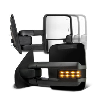 Ford F250 Super Duty 1999-2007 Glossy Black Tow Mirrors Smoked LED Lights Power Heated