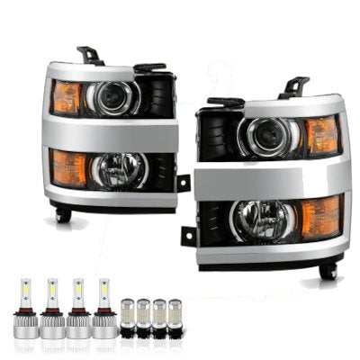 Chevy Silverado 2500HD 2015-2019 Black LED Headlight Bulbs Set Complete Kit Chrome Bezels