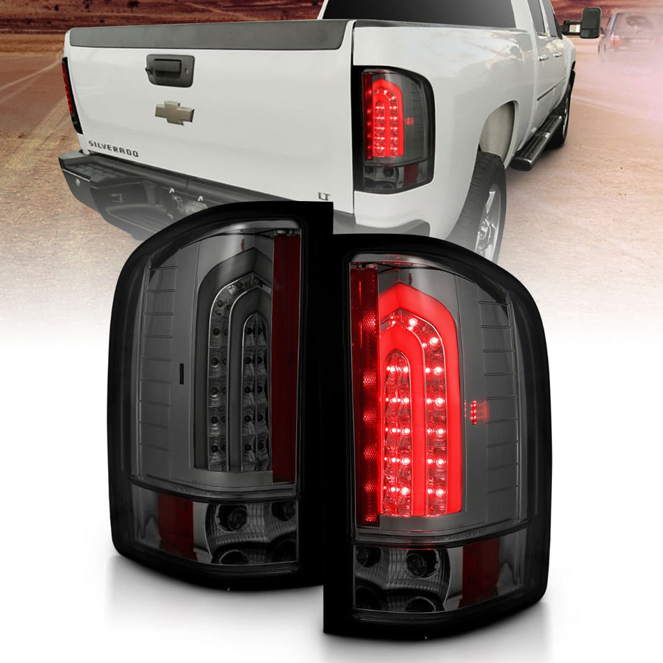 CHEVY SILVERADO 1500 07-13 / 2500HD/3500HD 07-14 LED LIGHT BAR STYLE TAIL LIGHTS CHROME SMOKE LENS G2