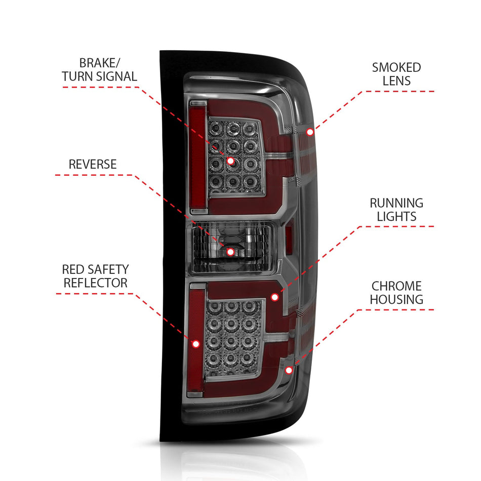 CHEVY SILVERADO 14-18 1500 / 15-19 2500HD/3500HD / GMC SIERRA 15-19 2500HD/3500HD DUALLY LED LIGHT BAR STYLE TAIL LIGHTS CHROME SMOKE LENS (SEQUENTIAL SIGNAL)(NON-OEM LED ONLY)