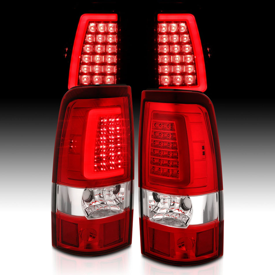CHEVY SILVERADO 1500/2500 99-02 / 3500 01-03 / GMC SIERRA 1500/2500 99-06 LED C BAR STYLE TAIL LIGHTS CHROME RED/CLEAR LENS