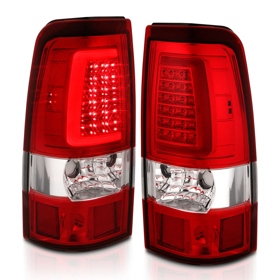 CHEVY SILVERADO 1500/2500 99-02 / 3500 01-03 / GMC SIERRA 1500/2500 99-06 LED C BAR STYLE TAIL LIGHTS CHROME RED/CLEAR LENS